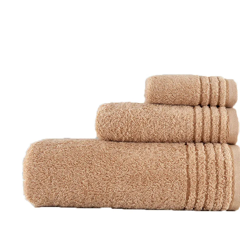Six-piece cotton towel set showing bath, hand, and washcloth sizes in beige colour.