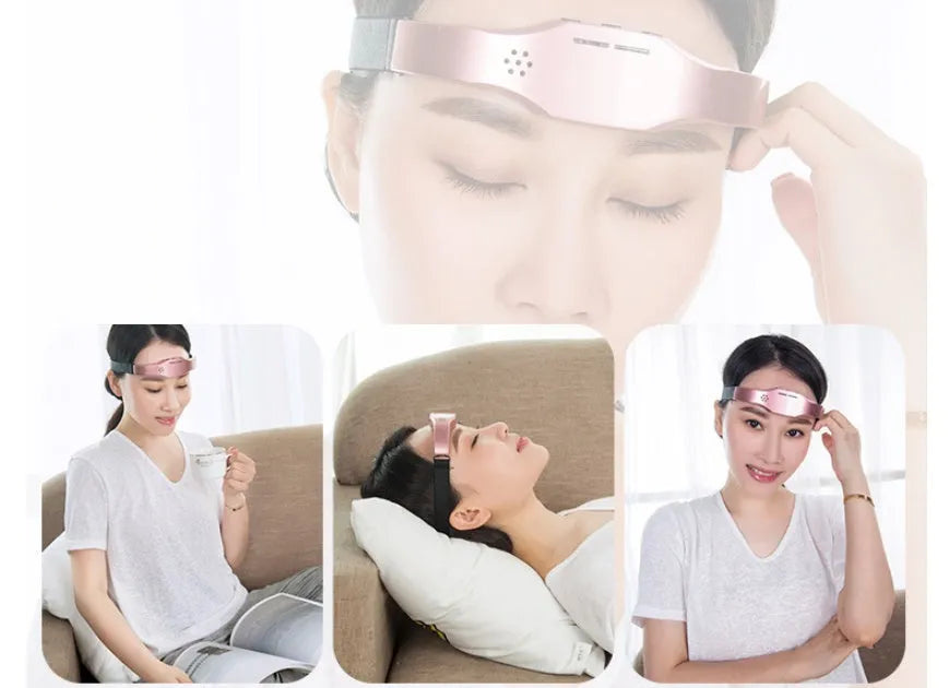 Wireless head massager in black with adjustable fasteners and electrode pads