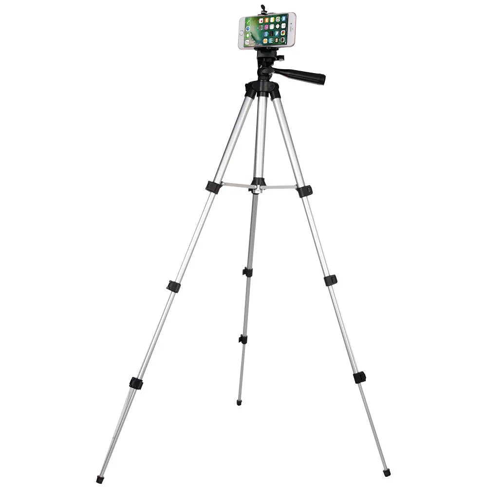 Lightweight aluminium alloy camera phone tripod with 3D pan/tilt head and quick release plate, silver or black.