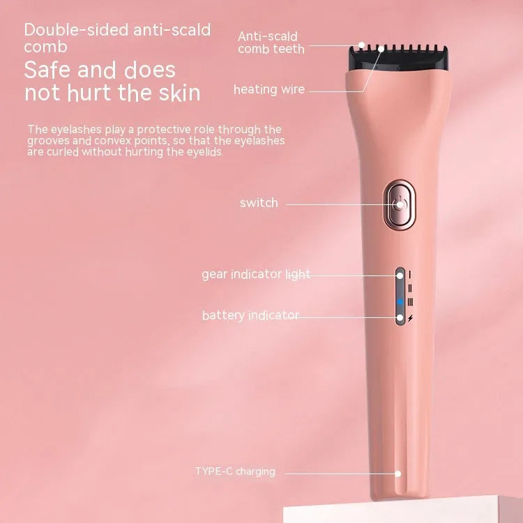 Electric eyelash curler with temperature control and memory function, shown in pink or white, portable lash rolling tool.