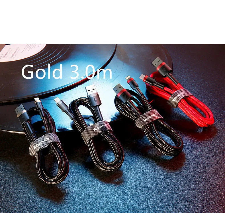 USB-C to Lightning fast charging cable for iPhone with braided nylon in red, black, gold, and grey colours