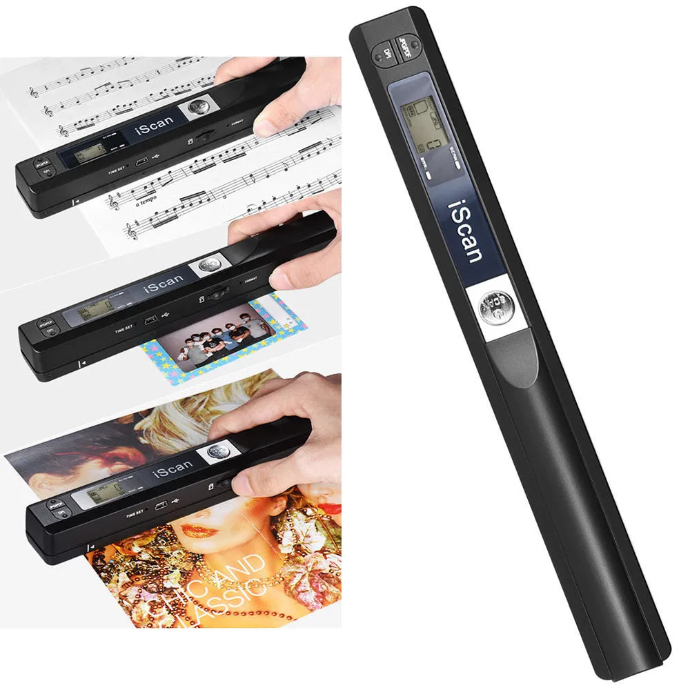 Handheld barcode scanner shown in available colours: black, blue, green, red, and silver.