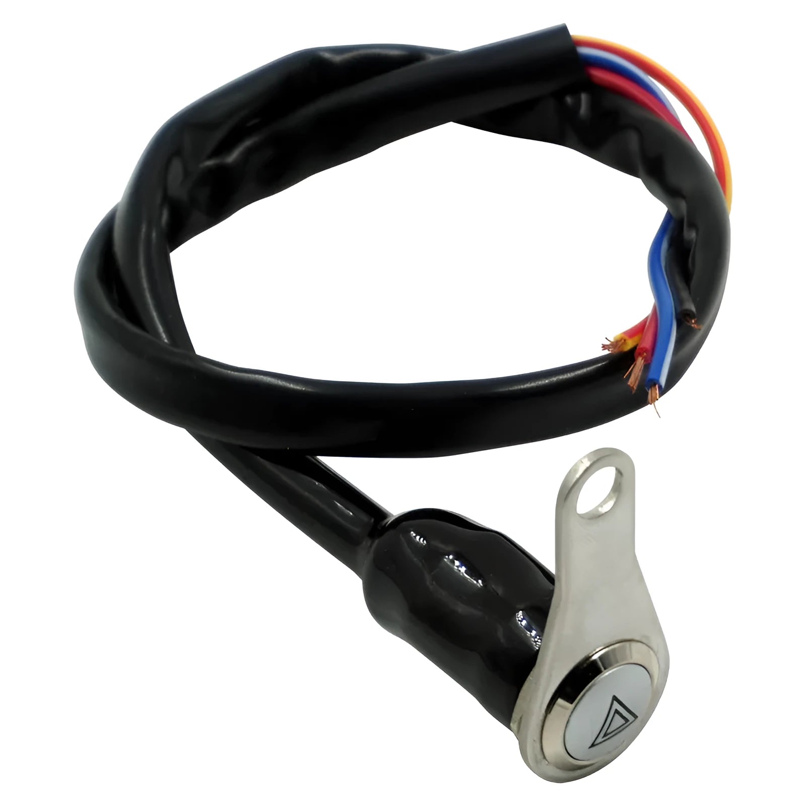 Black stainless steel motorcycle double flash switch with a central metal button and illuminated ring, for 7mm mounting hole.
