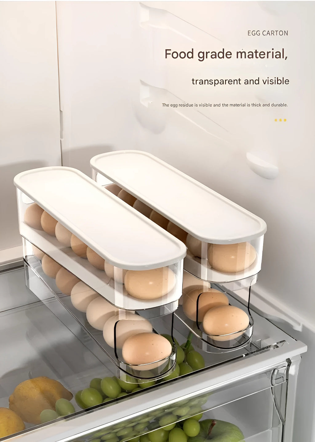White plastic slide-out egg tray with automatic dispenser on a kitchen countertop