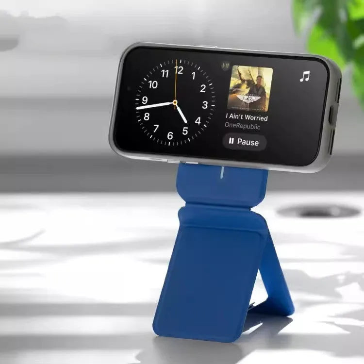 Magnetic mobile phone holder case in Movas leather showing the built-in stand in open and closed positions.