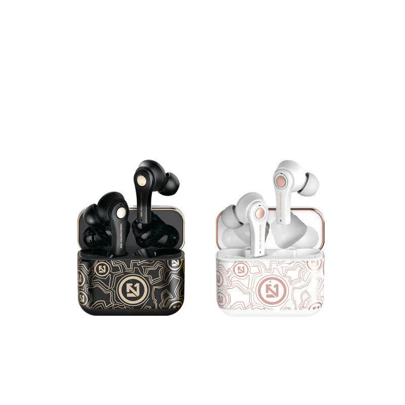 Black and white TWS wireless in-ear headphones with a matching Type-C charging case.