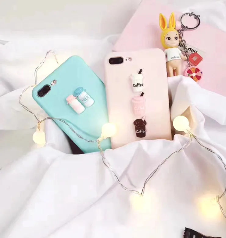 Frosted phone case with 3D milk bottle and coffee cup figures in turquoise or light pink for iPhone