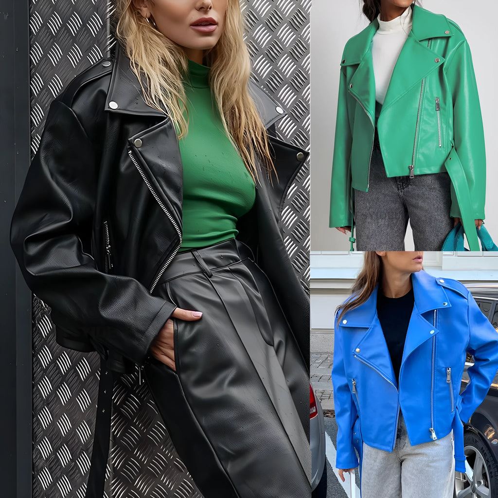 Black punk style short jacket with a Peter Pan collar, leather lapel trim, and a visible drawstring at the waist.