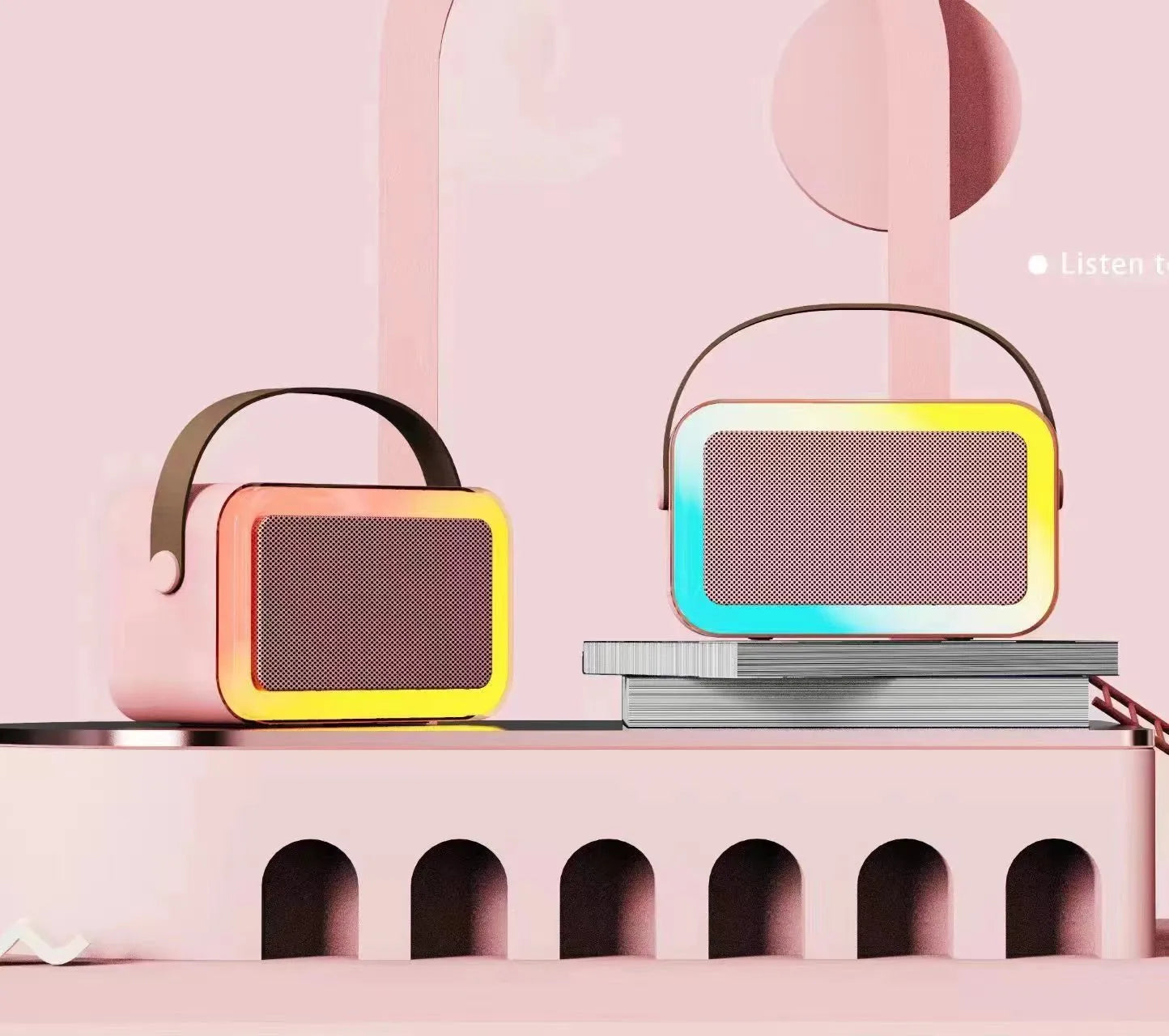 White, pink, or sky blue portable Bluetooth karaoke speaker with microphone and coloured LED lights.