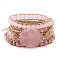 Natural rose quartz leather wrap bracelet 5 strand boho style on wrist
