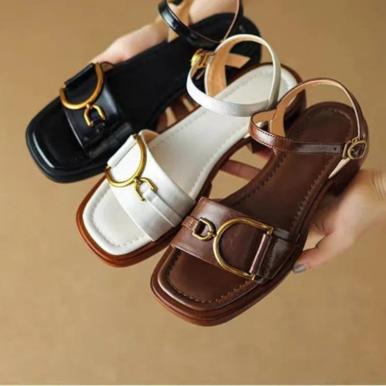 Women's casual sandals with thick rubber soles and button fastening in beige colour