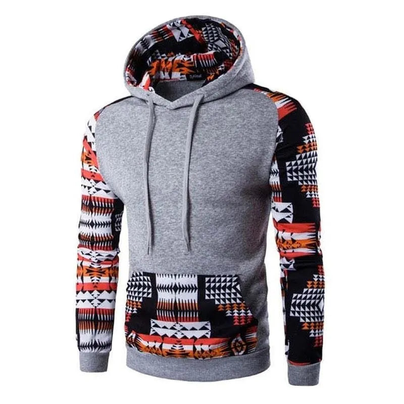 Men's Aztec pattern hoodie in grey with geometric print and hood, front view