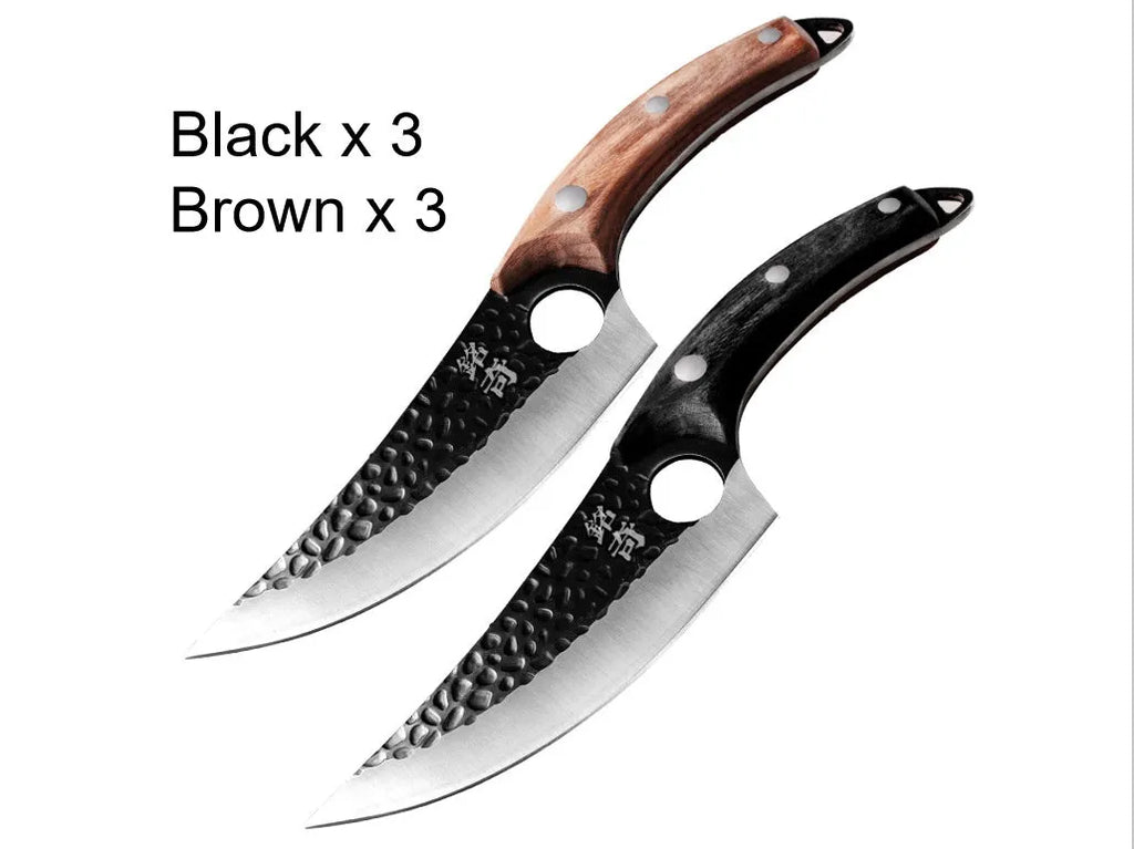 Small curved scimitar butcher knife and boning knife set with leather sheath