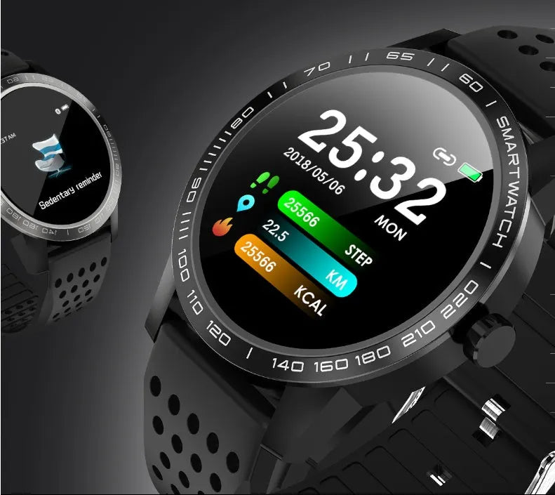 Black and blue smart bracelet with a 1.3-inch colour screen displaying heart rate and step data.