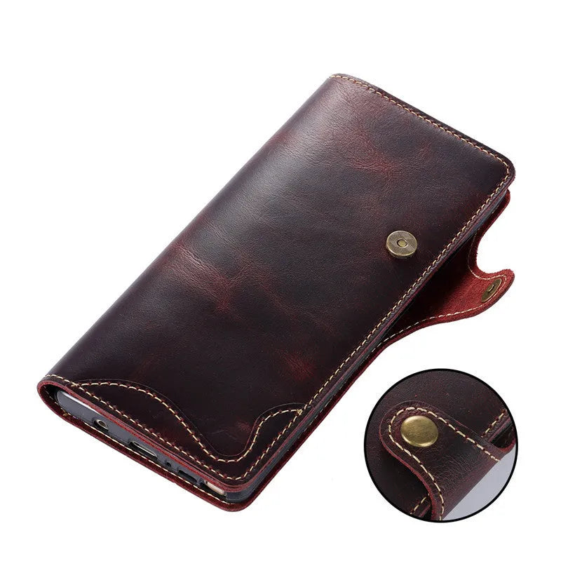 Handmade vintage leather clamshell phone case for Samsung Note9 with bracket and card slots