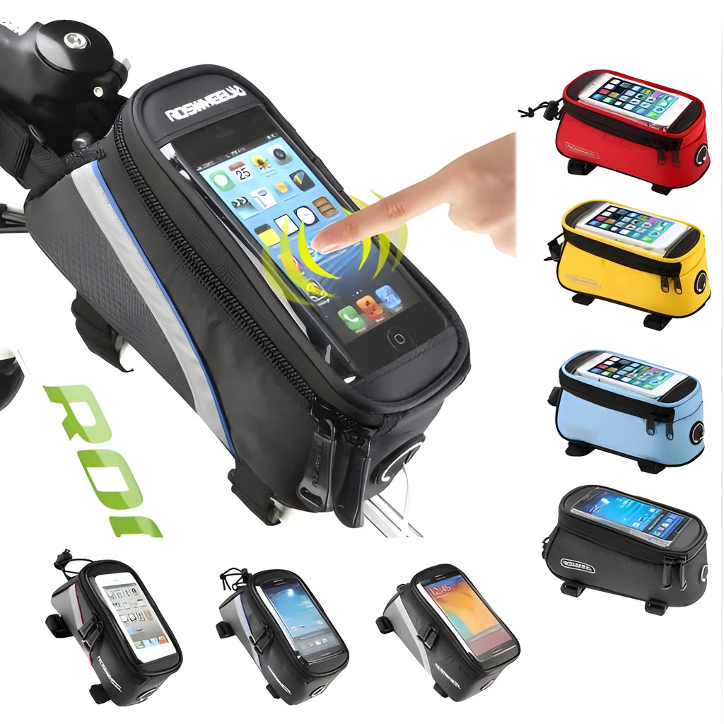 ROSWHEEL black PVC bicycle frame bag mounted on bike frame holding iPhone mobile phone