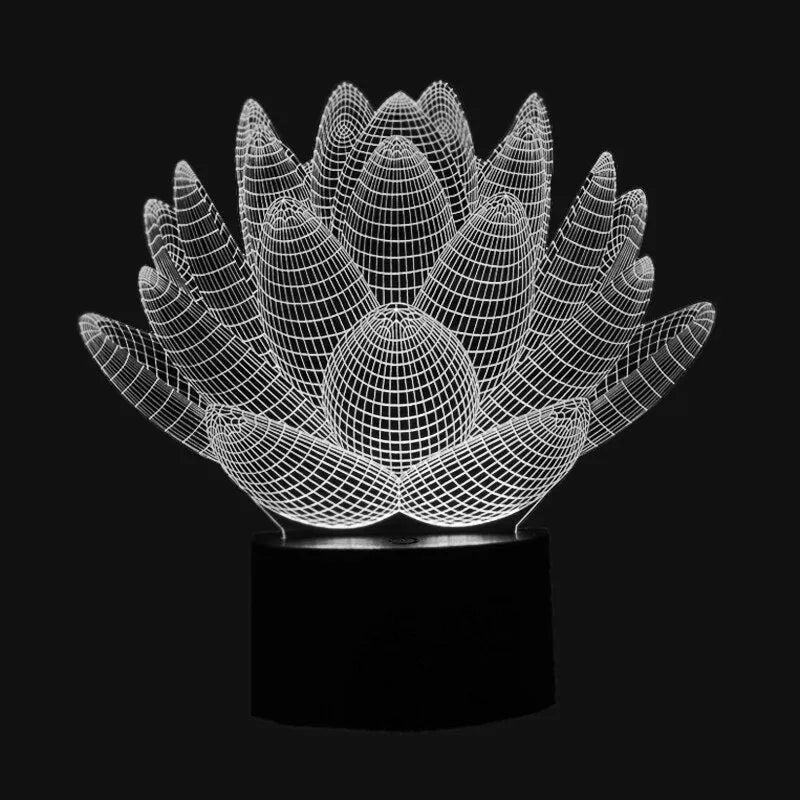 White lotus-shaped acrylic night light with LED base and touch controls on a wooden table.