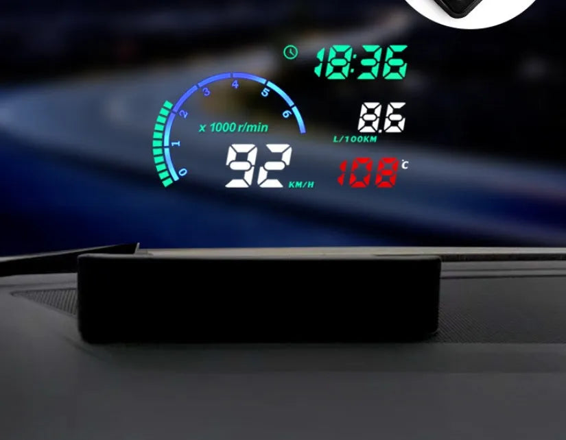 Black car head up display with 5.5-inch LED screen on dashboard showing speed and fuel data