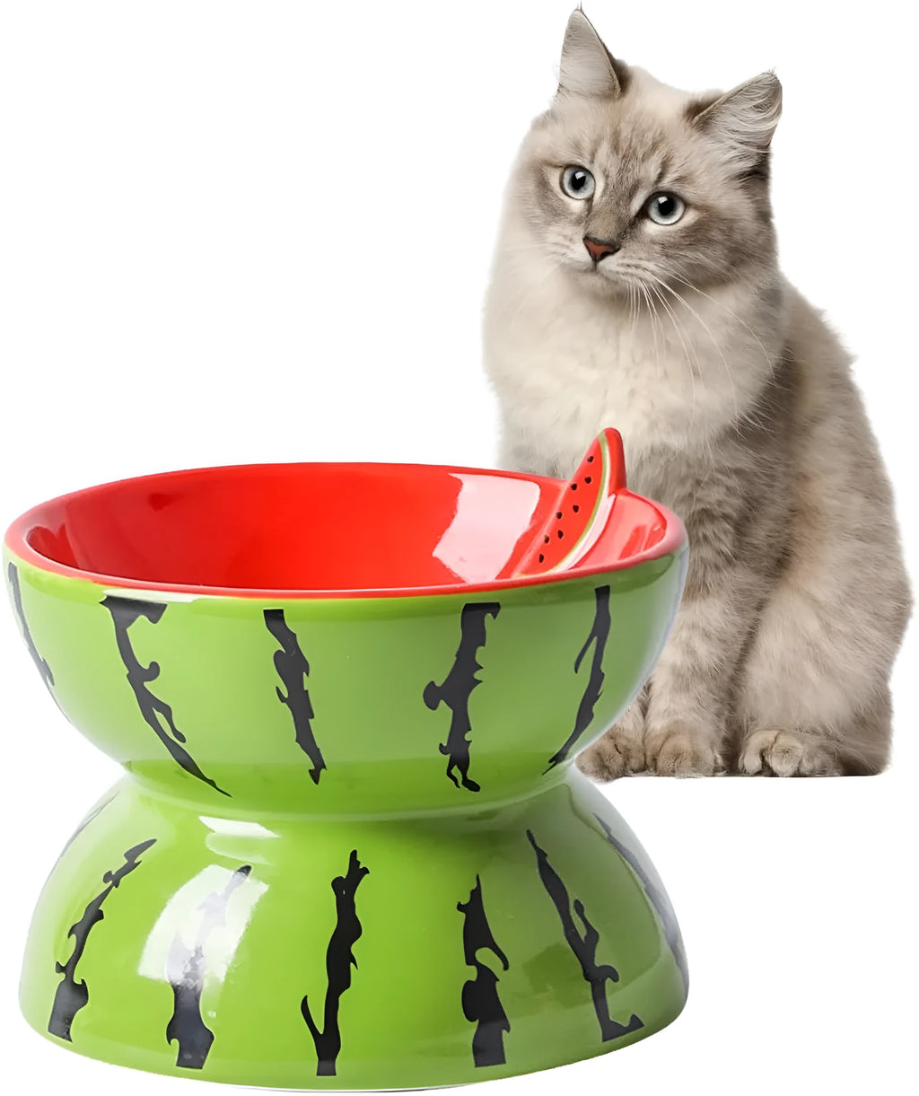 Ceramic elevated cat bowl with tilted wide dish in orange pattern for reduced vomiting feeding