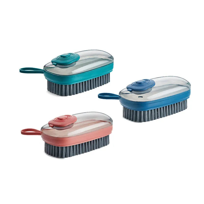 Multifunctional automatic liquid cleaning brush in blue with ergonomic grip on shoe