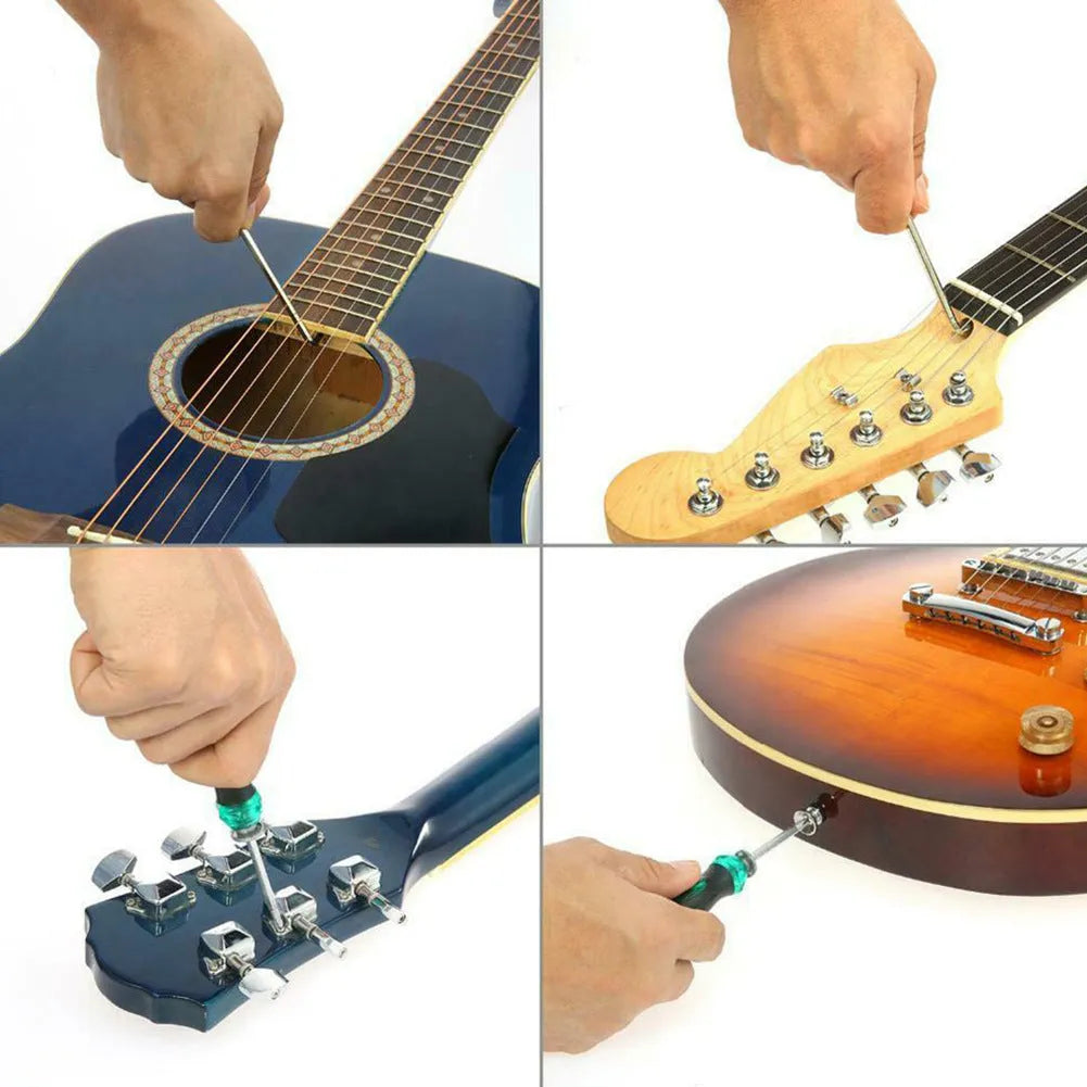 Black plastic case open to reveal 12 metal guitar repair tools including hex keys and screwdrivers