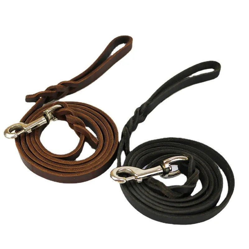 Cowhide leather dog lead rope for medium to large breeds showing thickened hand grip section