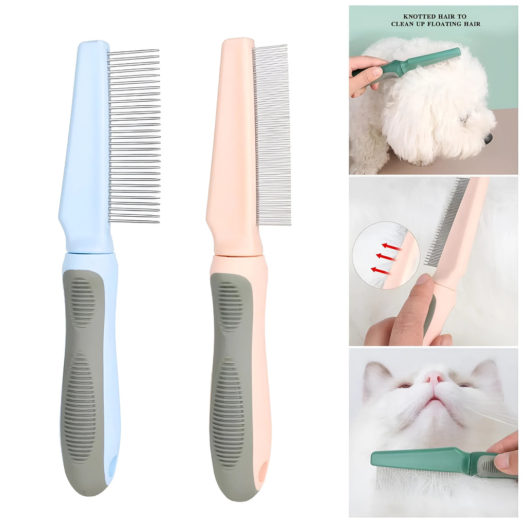 Pet grooming comb set showing three comb types with dense, high/low, and sparse needles on rubber handles