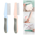Pet grooming comb set showing three comb types with dense, high/low, and sparse needles on rubber handles