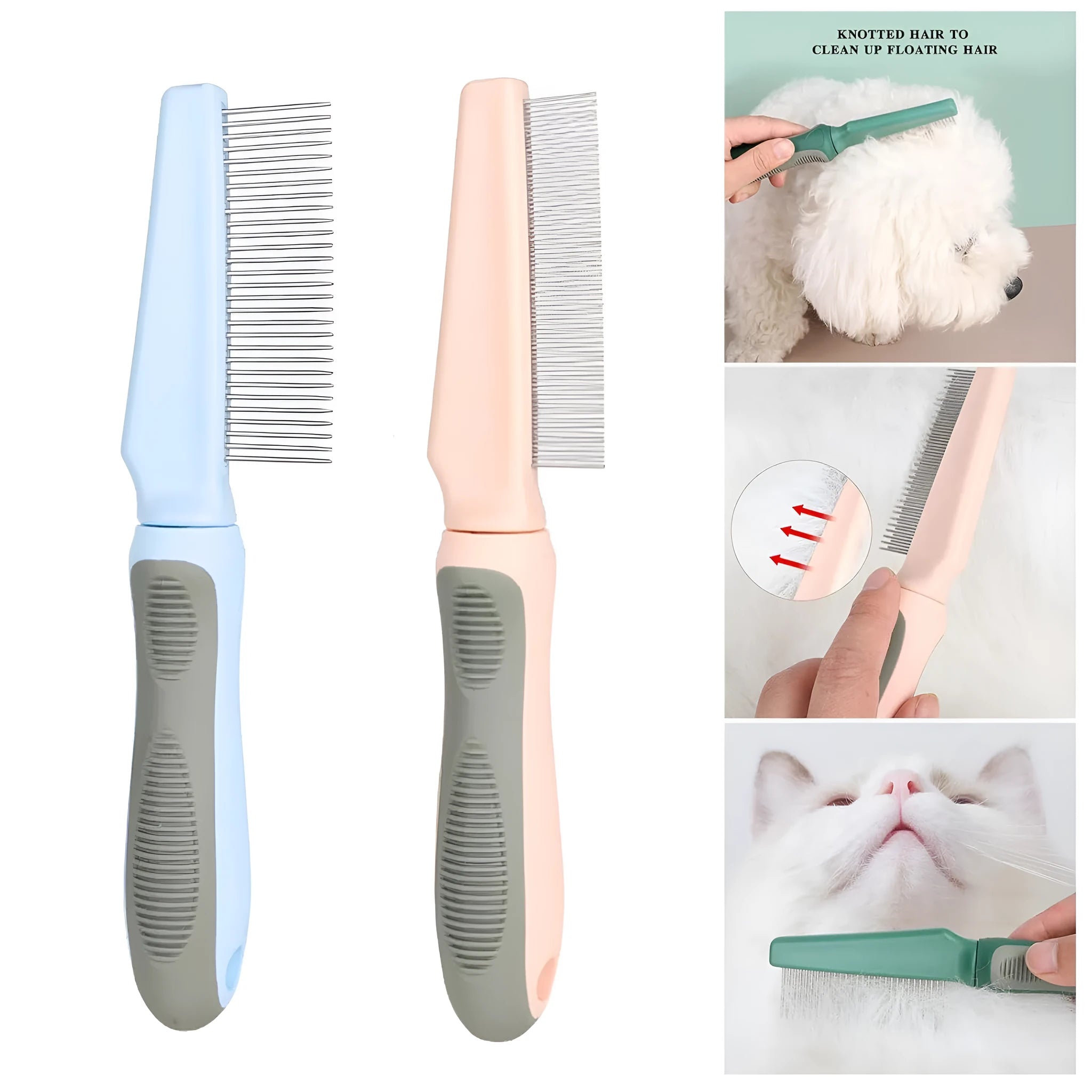 Pet grooming comb set showing three comb types with dense, high/low, and sparse needles on rubber handles