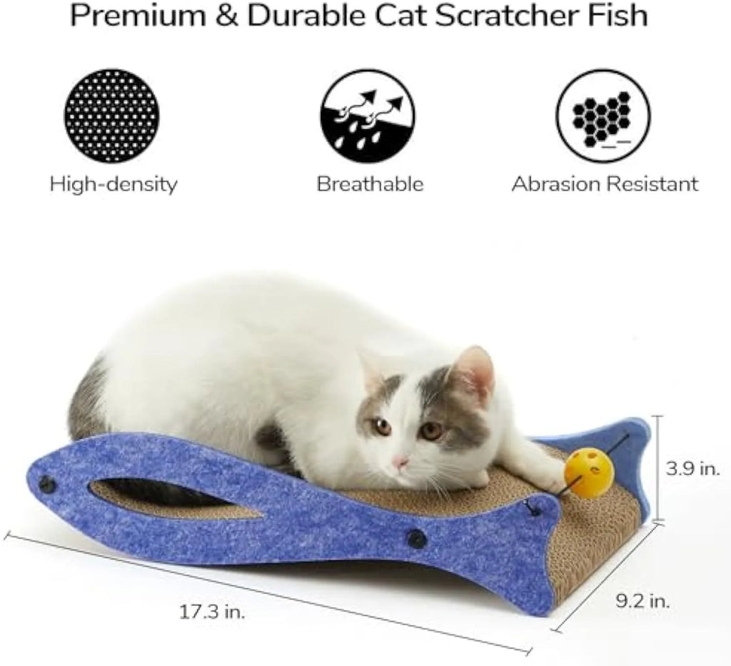 Blue fish-shaped cardboard cat scratcher with bell ball toys attached on elastic cord
