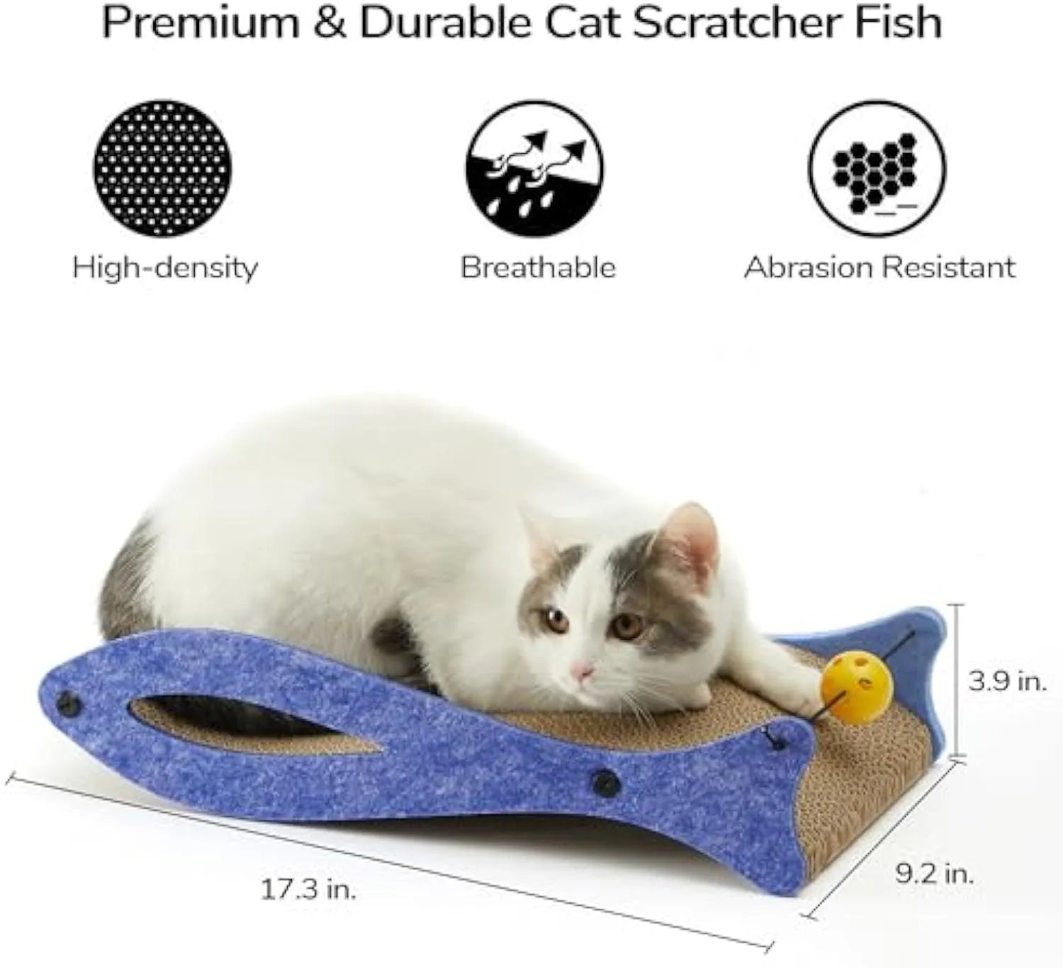 Blue fish-shaped cardboard cat scratcher with bell ball toys attached on elastic cord