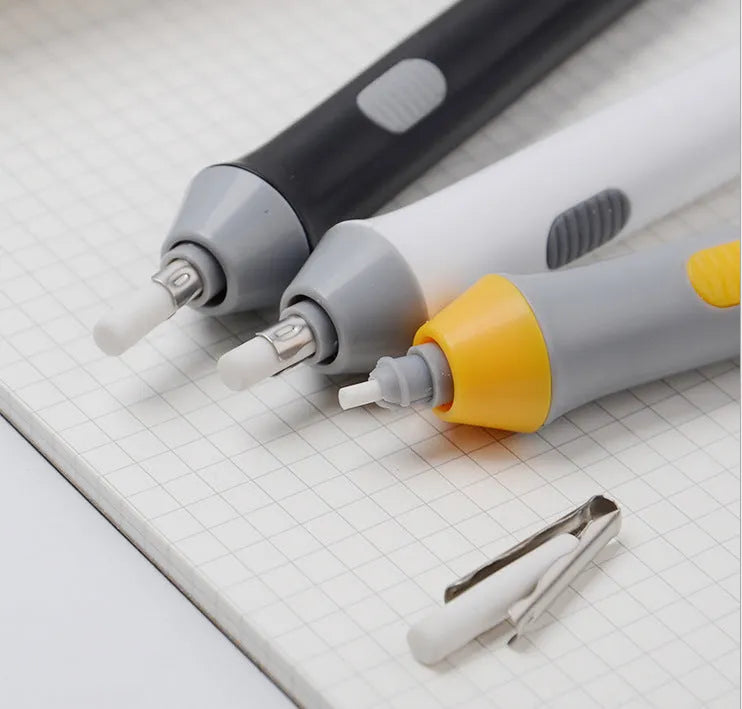 Black electric eraser with plastic body and geometric design on a white background