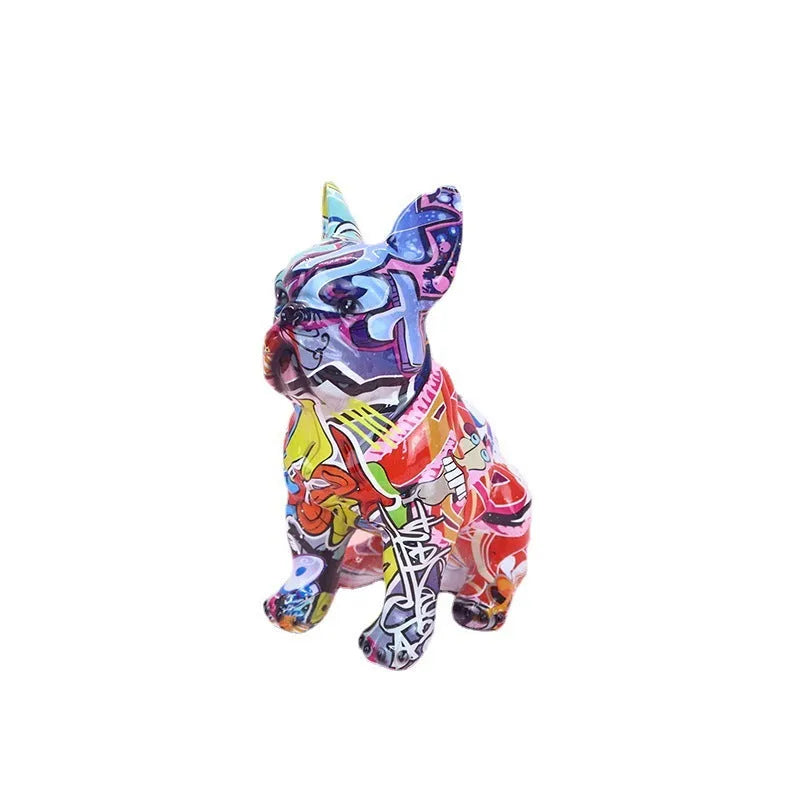 Modern French Bulldog resin statue with graffiti finish, measuring 17x11.5x22cm