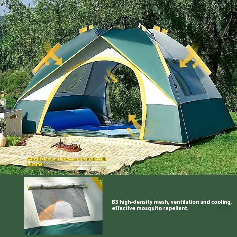 Dark green silver glue automatic quick-open camping tent for 3-4 people set up outdoors.