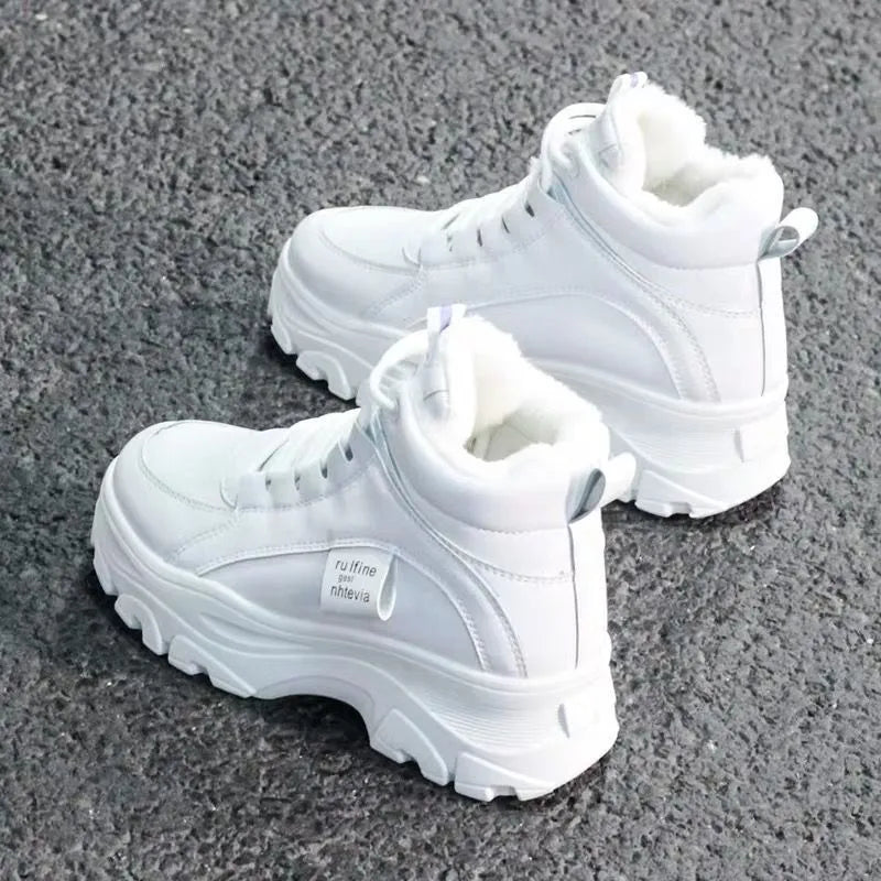 Thickened sneakers with flat thick sole, microfiber upper, round toe, and elastic band in beige colour