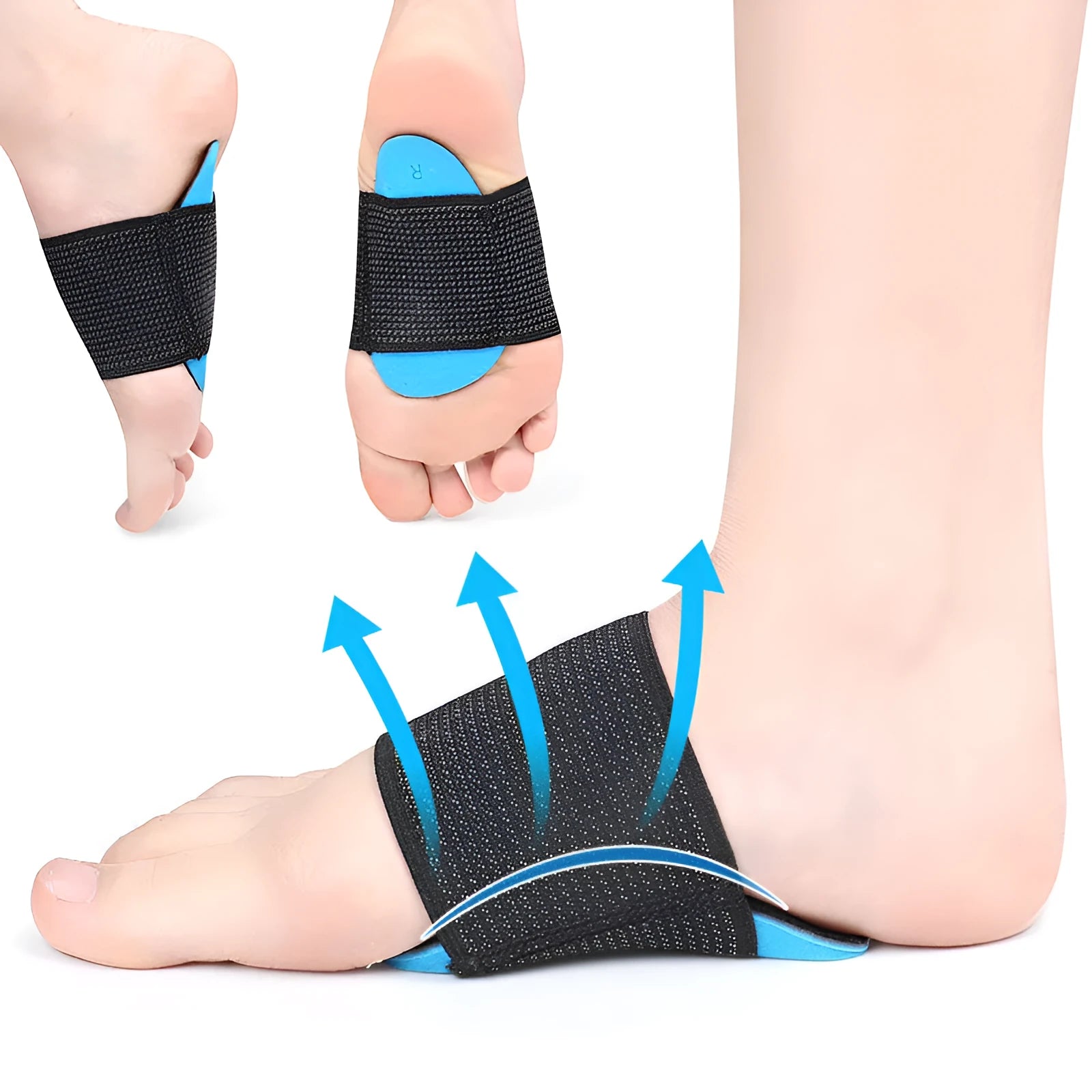 Blue elastic bandage foot pads with arch support for flat feet in adult and children sizes