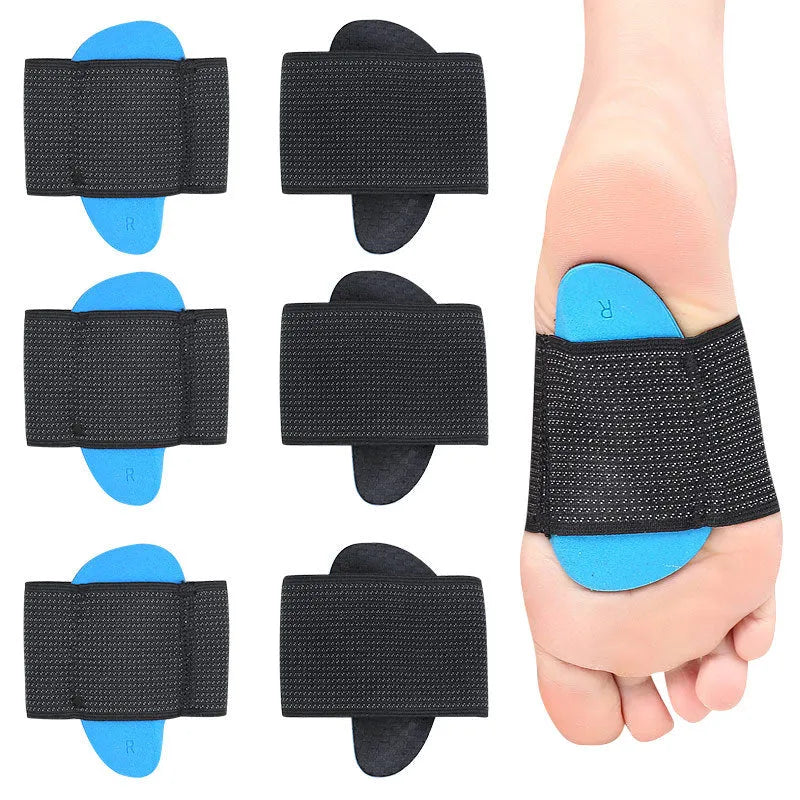 Blue elastic bandage foot pads with arch support for flat feet in adult and children sizes