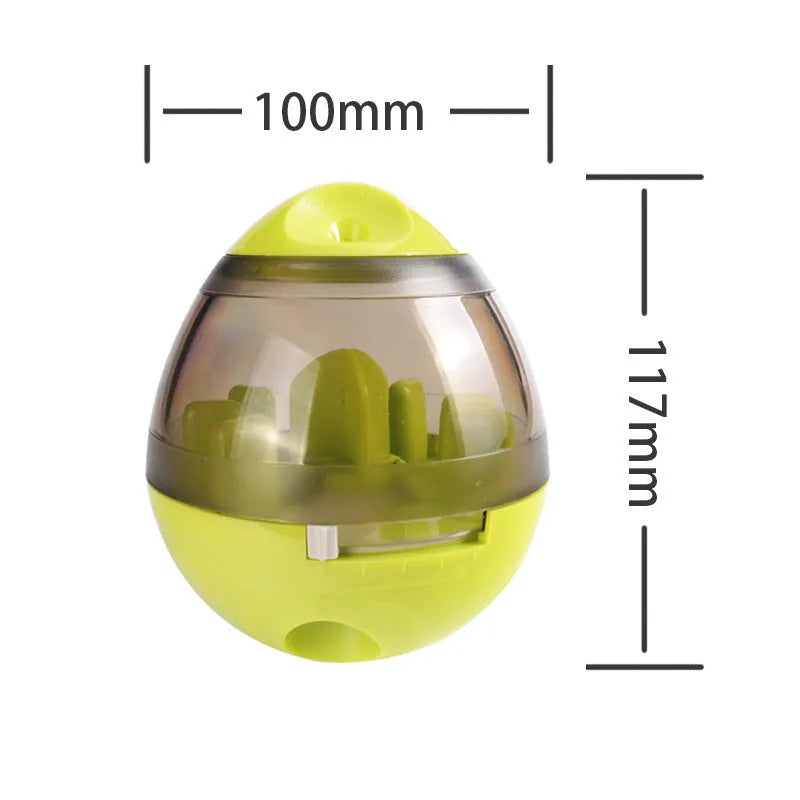 Pet food feeder dispenser funny toy green treat ball on carpet with dog
