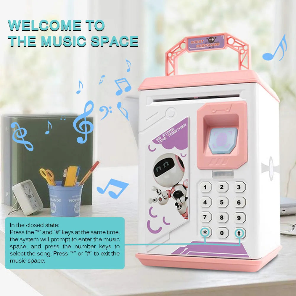 Electronic piggy bank in blue with fingerprint scanner and ATM-style front panel on white background