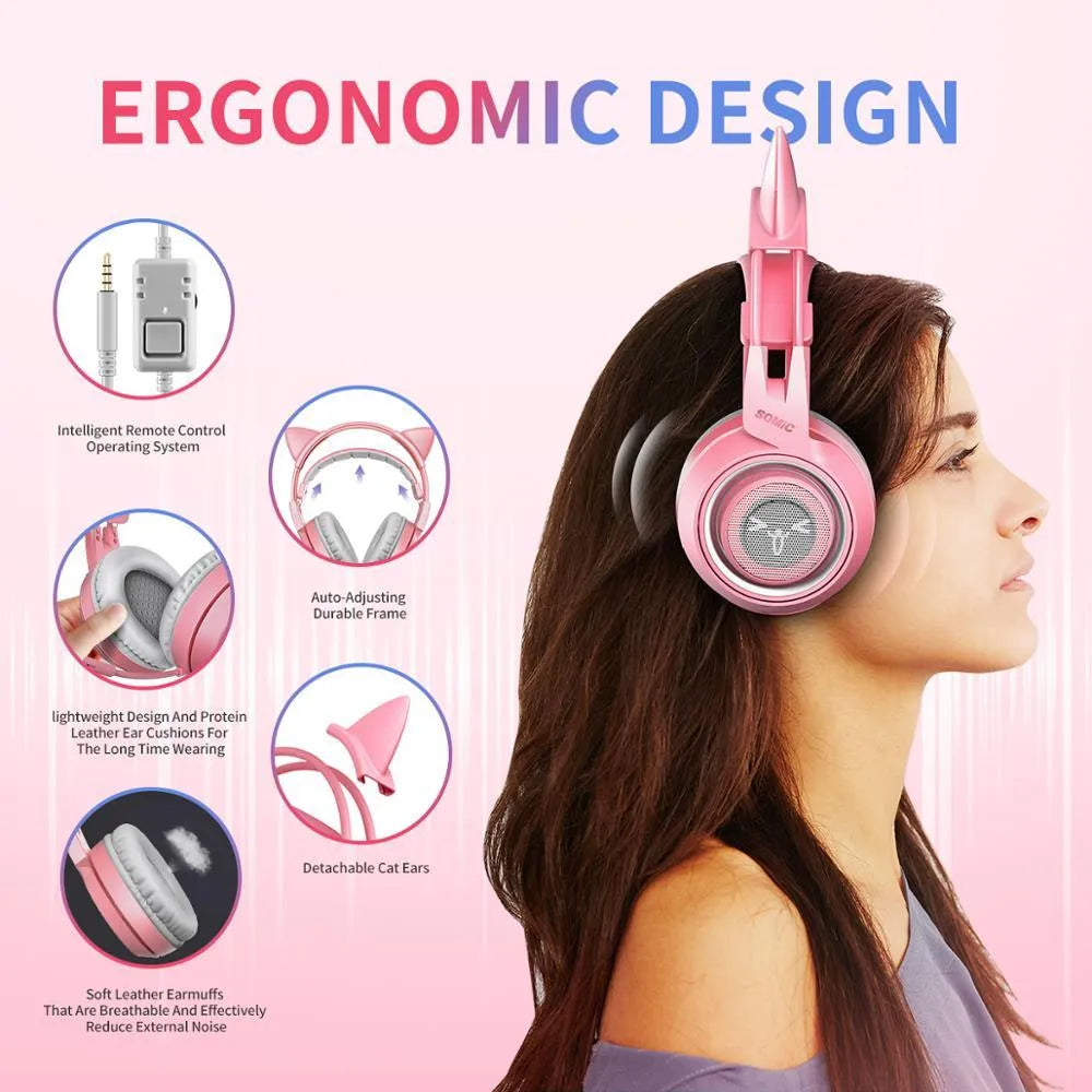 G951s pink cat ear gaming headset with adjustable headband and built-in microphone on white background