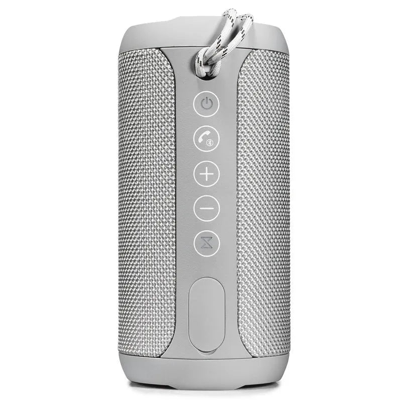 Compact portable outdoor Bluetooth speaker in black, showing control buttons and a speaker grille.