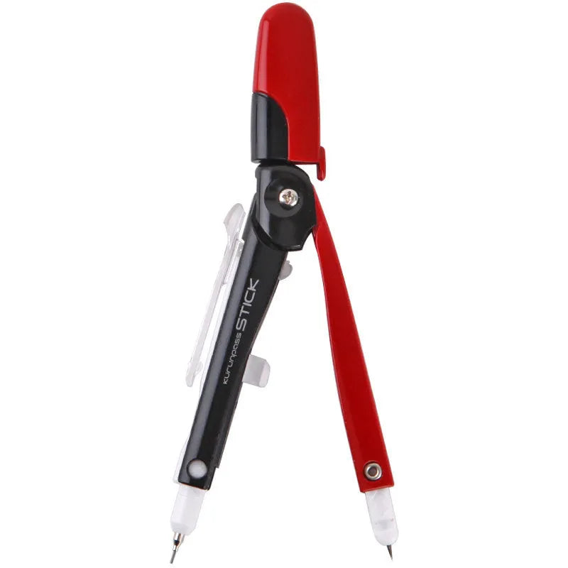 Automatic pen with protective compass cover in blue, pink, gold, grey, and red colours showing 122mm compact design