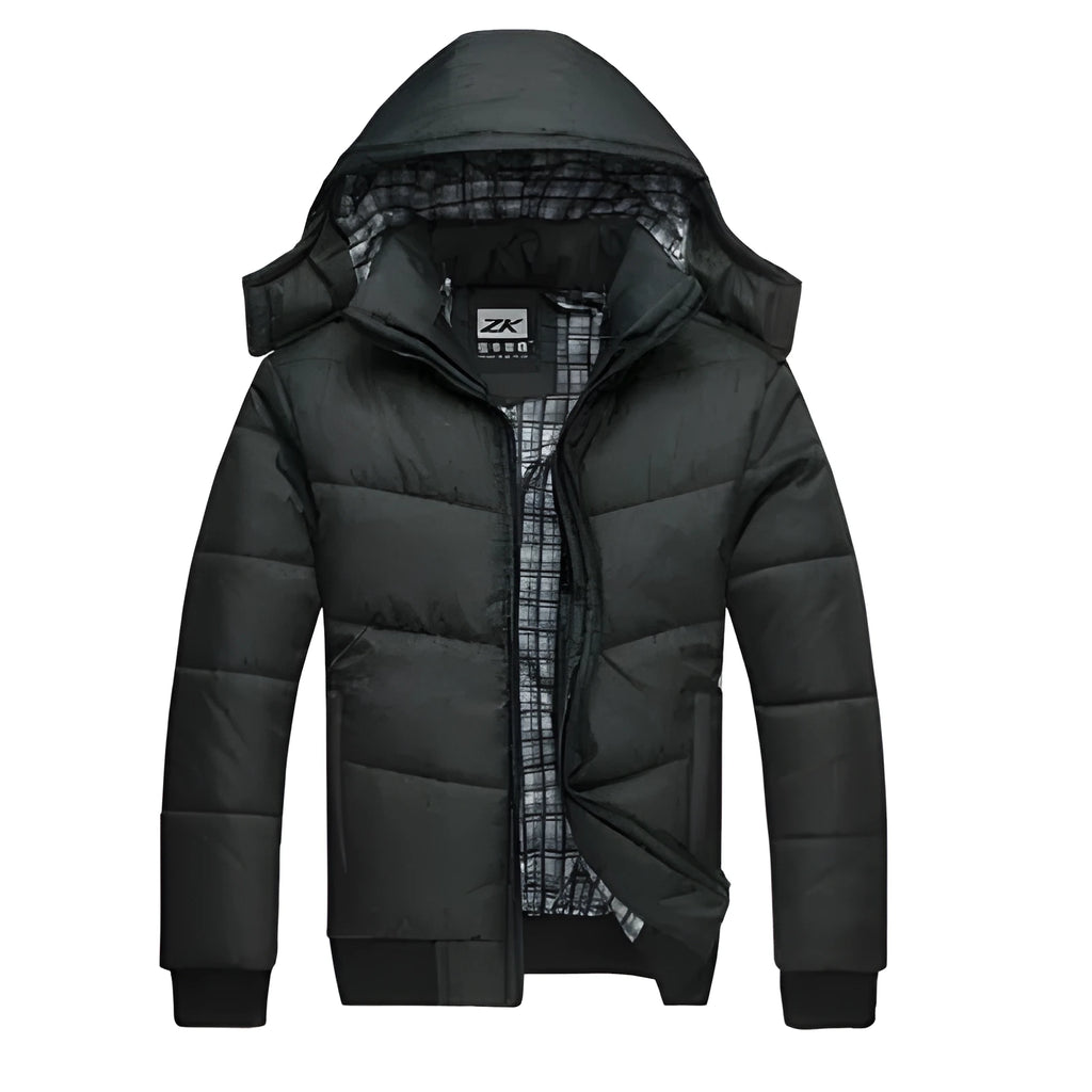 Black winter parka for men with detachable hood, full zip front, and multiple pockets, shown front view