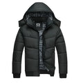 Black winter parka for men with detachable hood, full zip front, and multiple pockets, shown front view