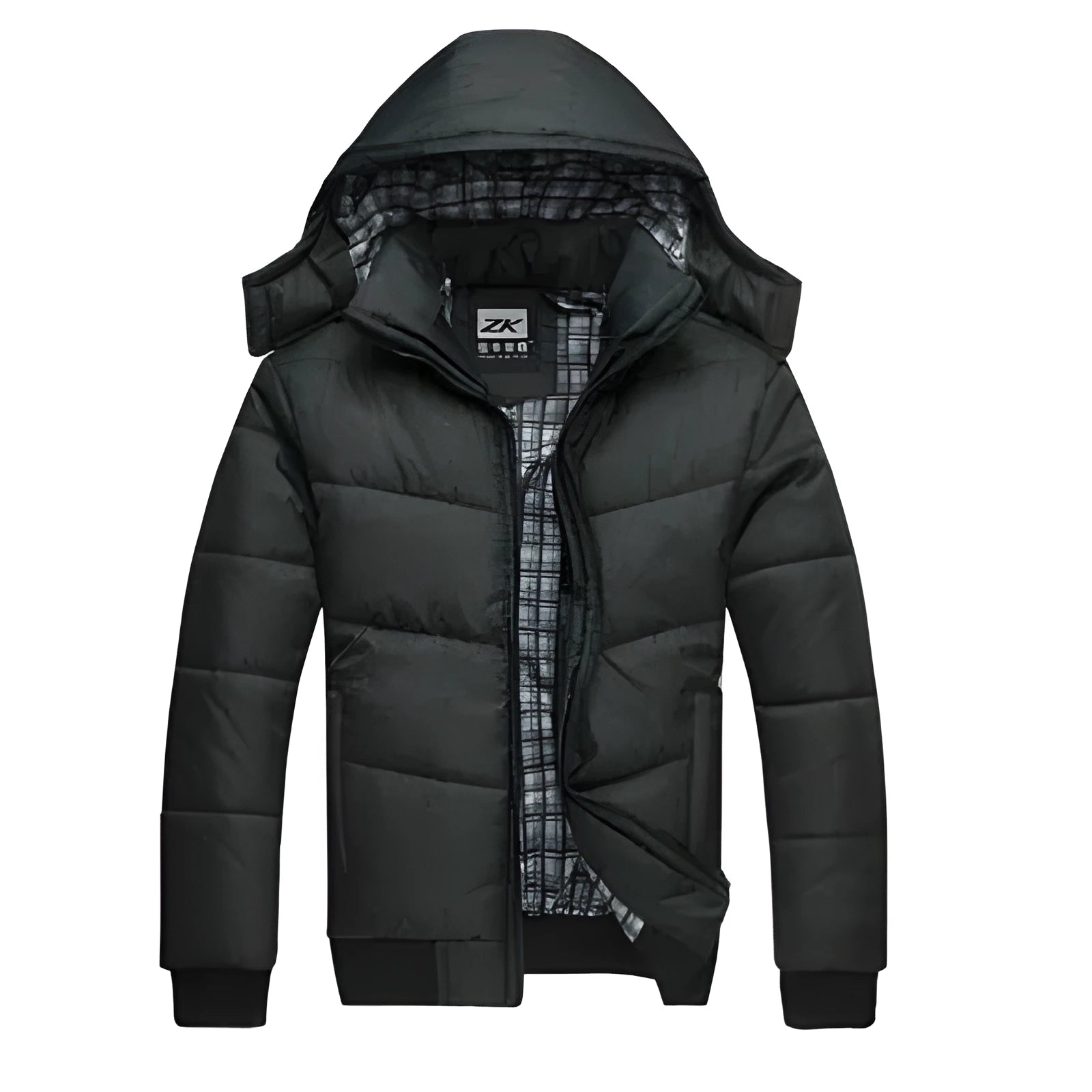 Black winter parka for men with detachable hood, full zip front, and multiple pockets, shown front view