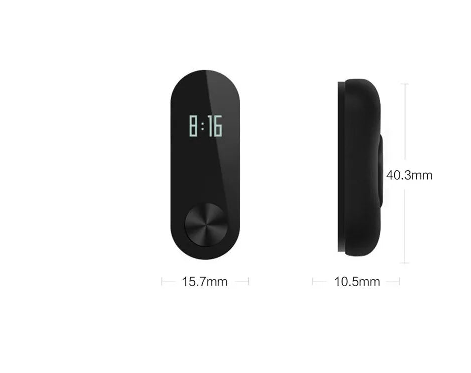 Xiaomi Mi Band 2 black fitness band with OLED screen on an adjustable wrist strap.