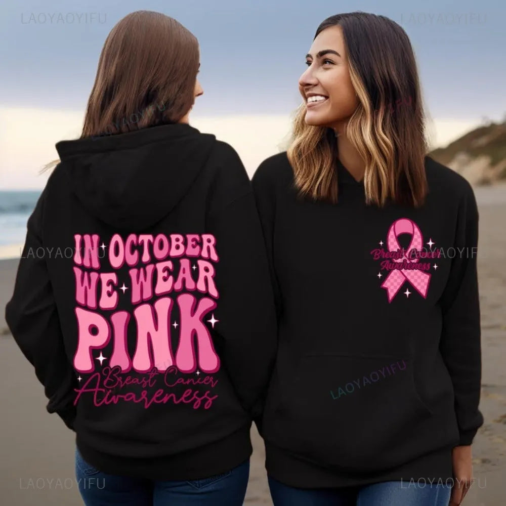 Breast Cancer Awareness pullover hoodie with retro art design and side pocket in pink colour