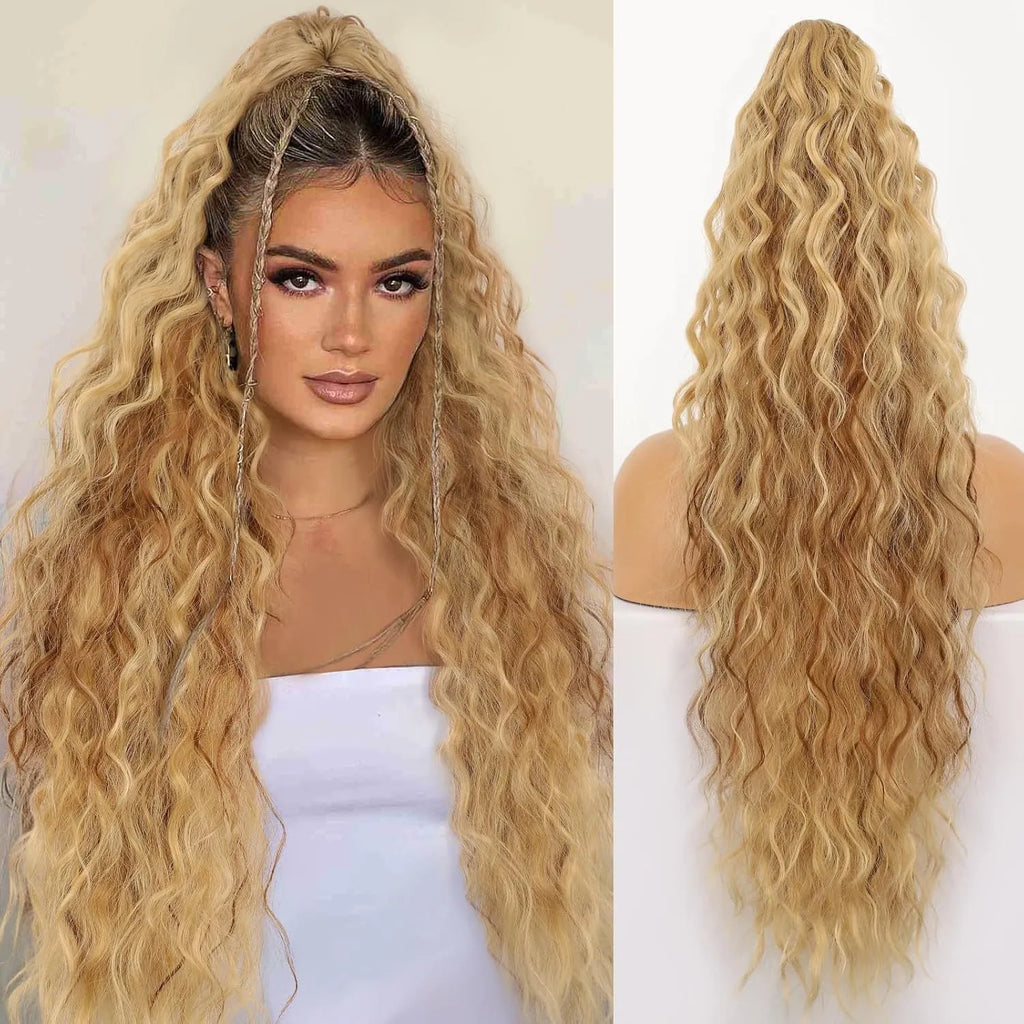 Long, fluffy curly synthetic ponytail wig in a high temperature fibre, shown in a 30-inch length.
