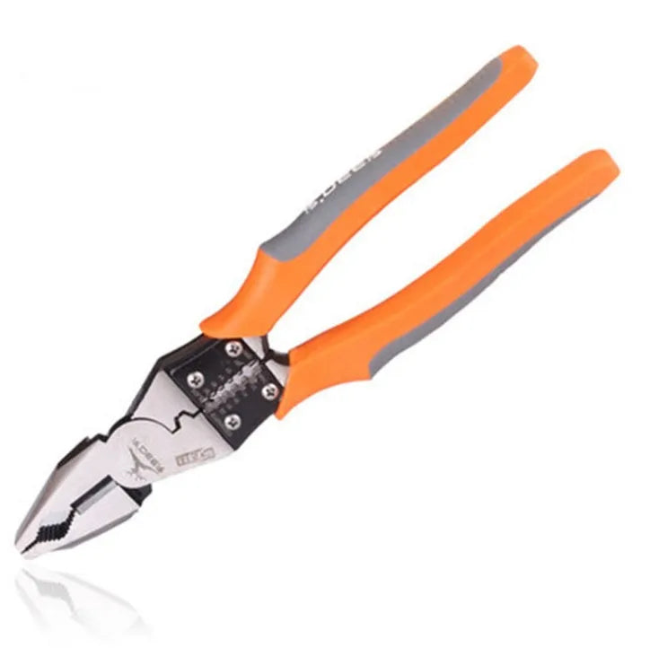 Orange-handled multi-function wire cutter pliers with chrome steel clamp head on a work surface.