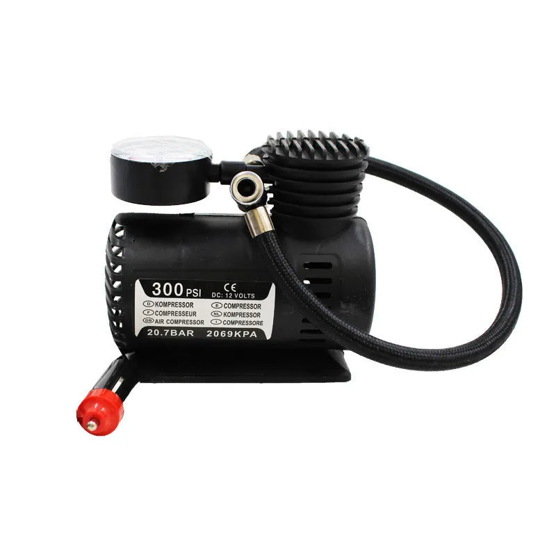 Black 12V mini car air pump with compact dimensions for tyre inflation